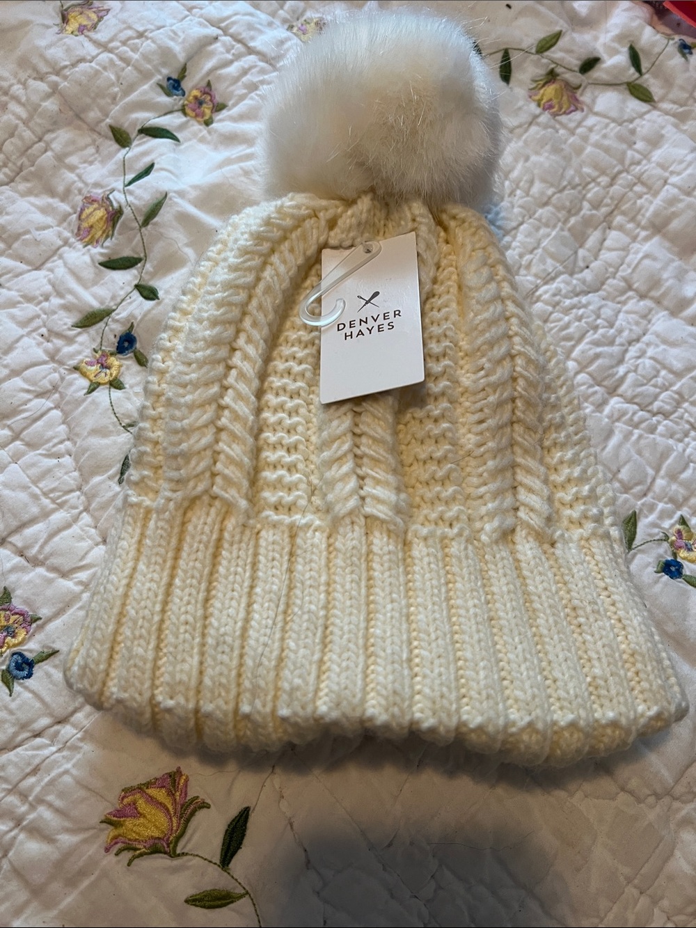 Denver Hayes Ivory Cable-Knit Pom Beanie